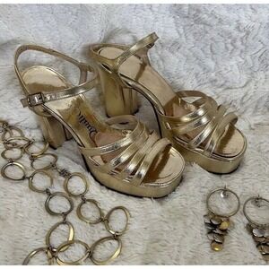 Vintage 70s Womens Platforms 5/6‎ Quali Craft Metallic Gold Strappy Chunky Heels